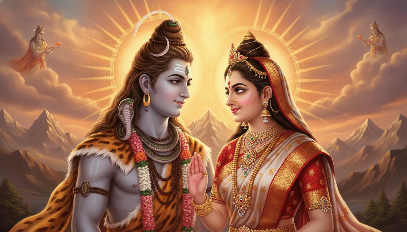 Digital art of Lord Shiva and Goddess Parvati smiling gently under a golden halo