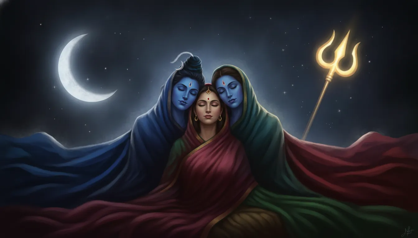 A spiritual artwork of a blue deity and a meditating woman surrounded by dark cosmic elements and a trident.