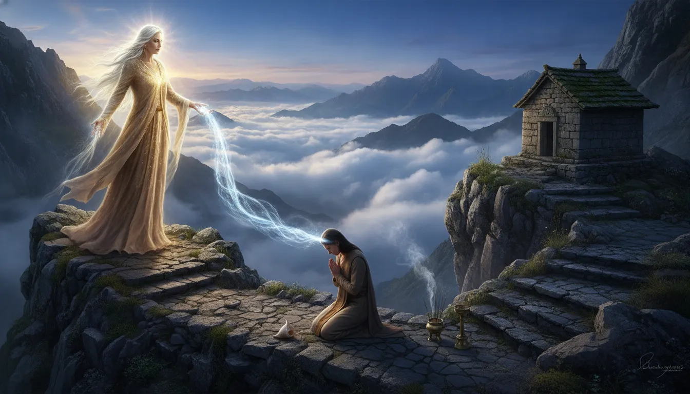 Powerful deity blessing a kneeling worshiper near a high mountain temple