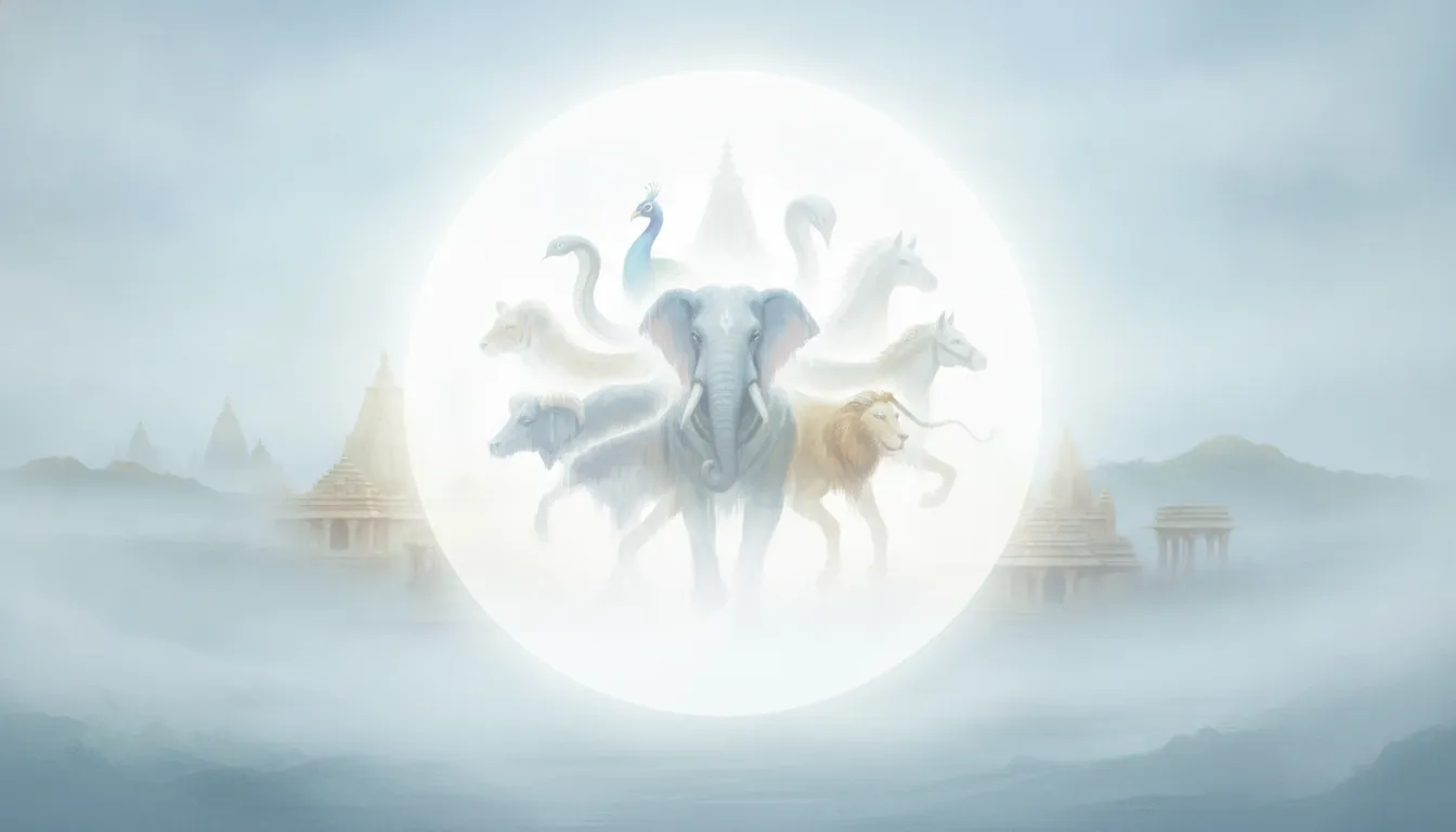A soft, ethereal vision of the Navagunjara deity fading into a bright, white spiritual light.