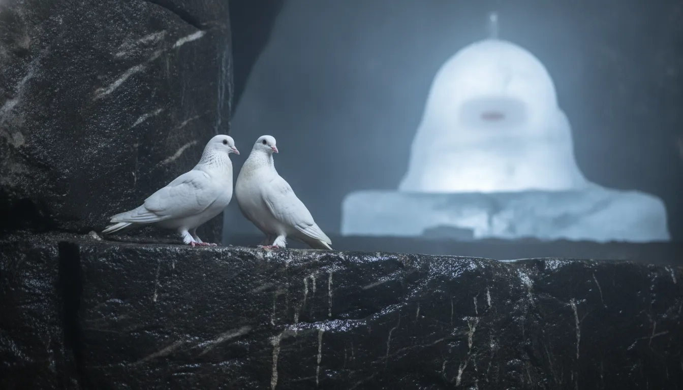 Two rare white pigeons perched on a rock near the famous white ice shivling inside the cave.