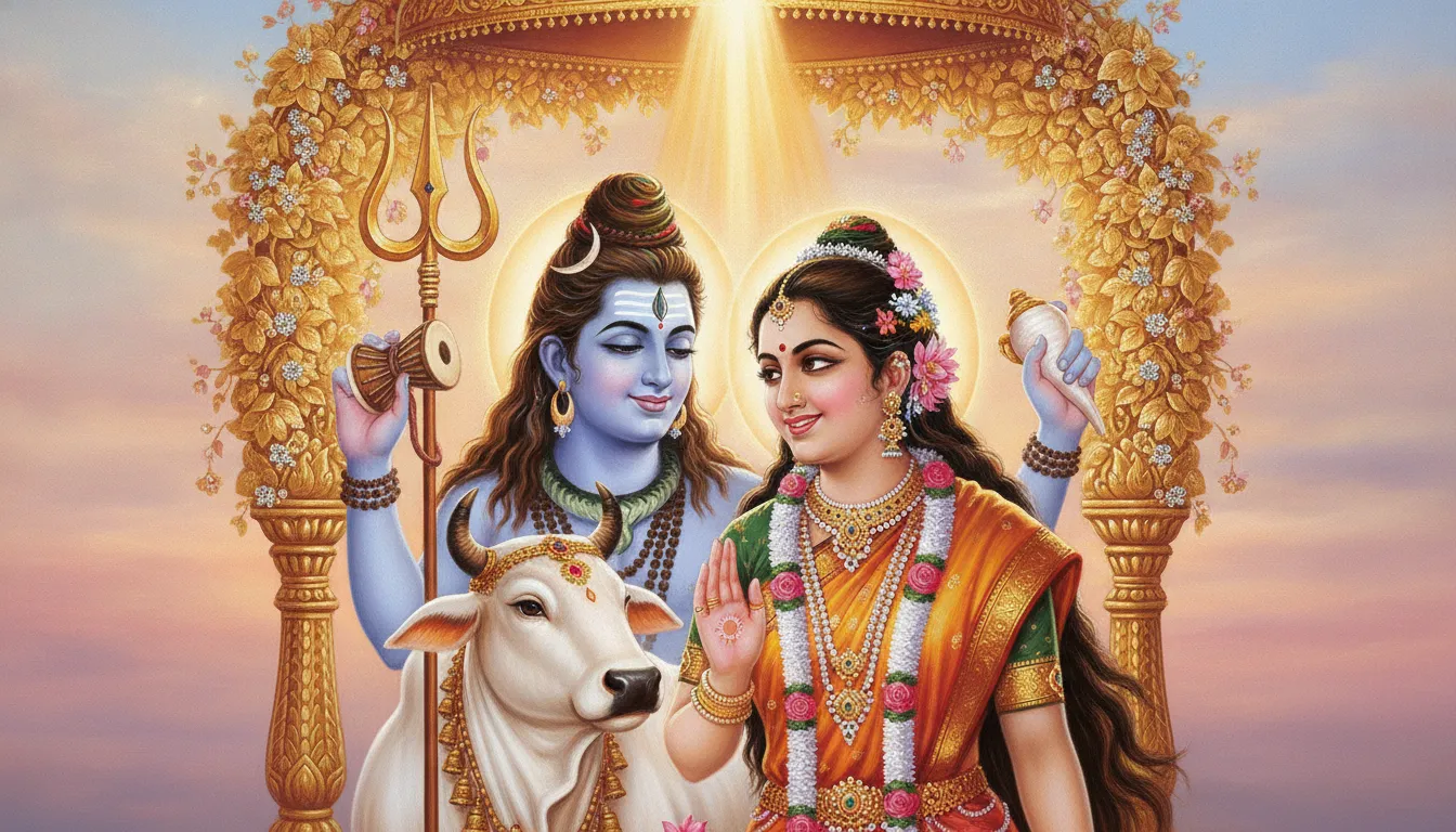 A bright and radiant artwork of a blue-skinned divine figure and a woman smiling next to a white bull and a tall trident.