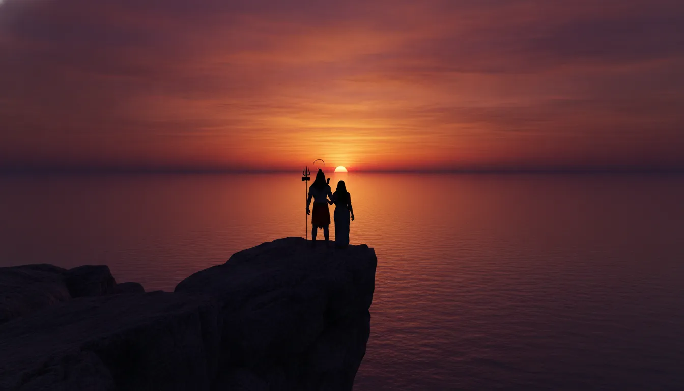 Back view silhouette of Shiva and Parvati looking at the infinite ocean sunset
