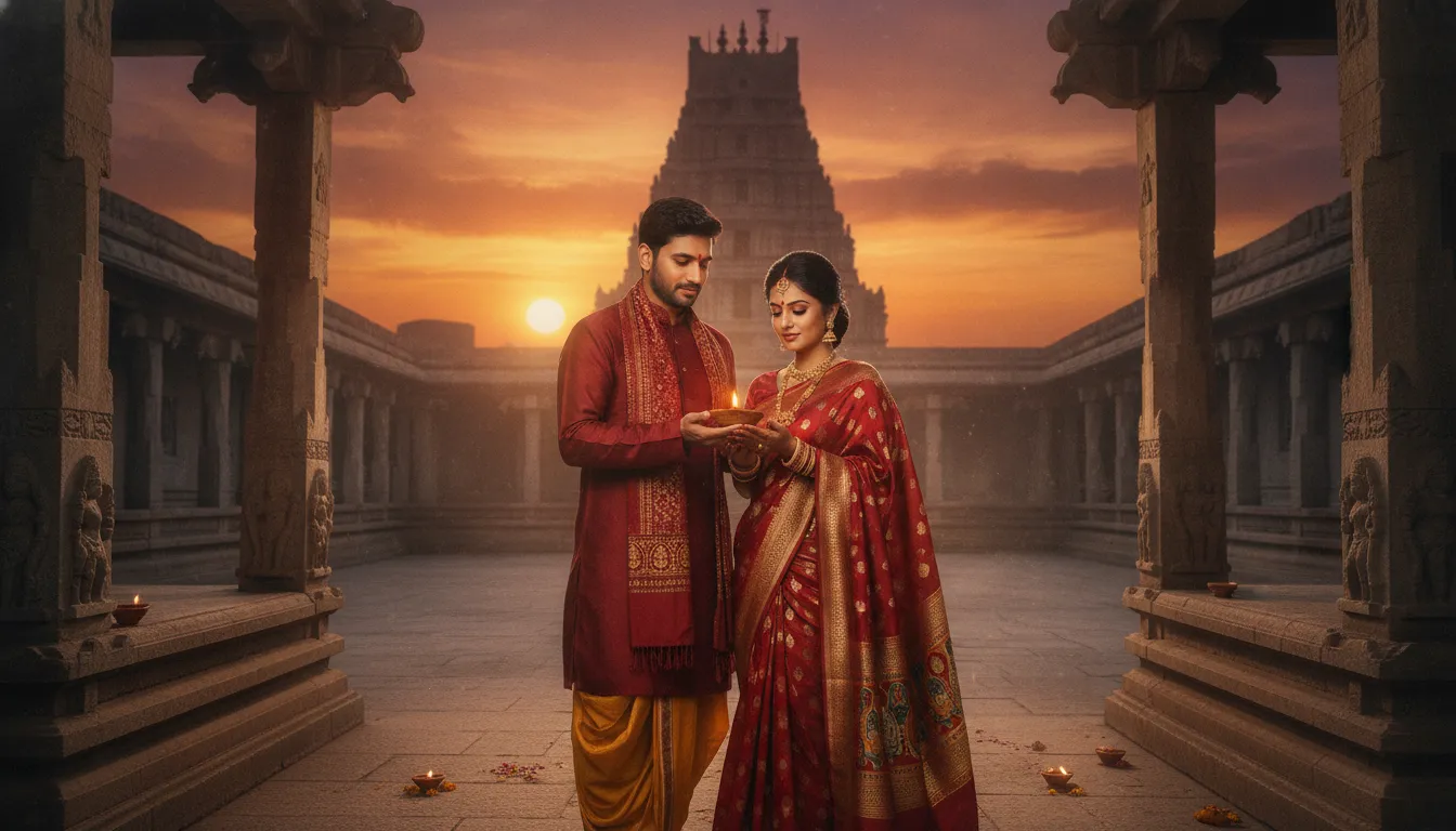 Spiritual couple in traditional ethnic clothing holding a clay diya in a temple courtyard