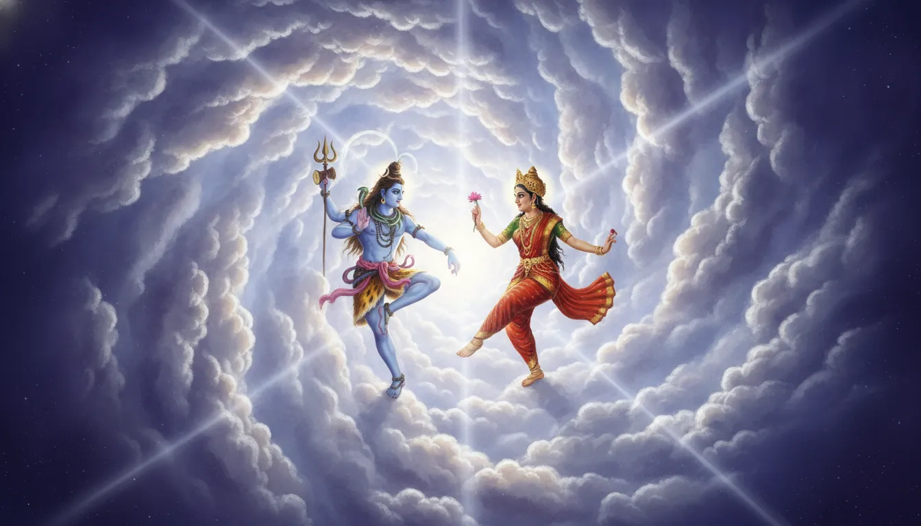 Detailed artwork of Shiva and Parvati dancing in stormy silver clouds