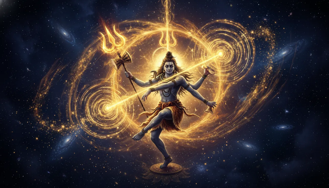 Lord Shiva holding the trishul and damru during the cosmic dance with golden sparkles.
