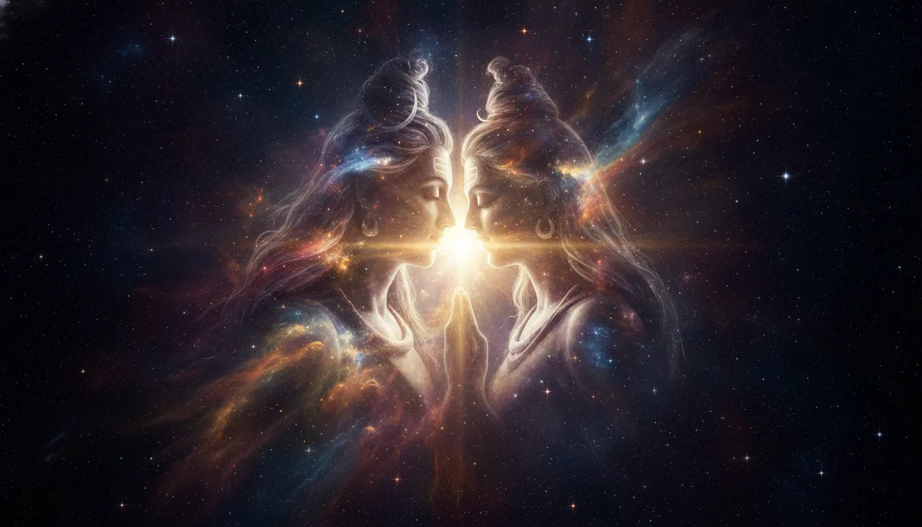 Fantasy art of Shiva and Parvati merging with the celestial universe during deep meditation