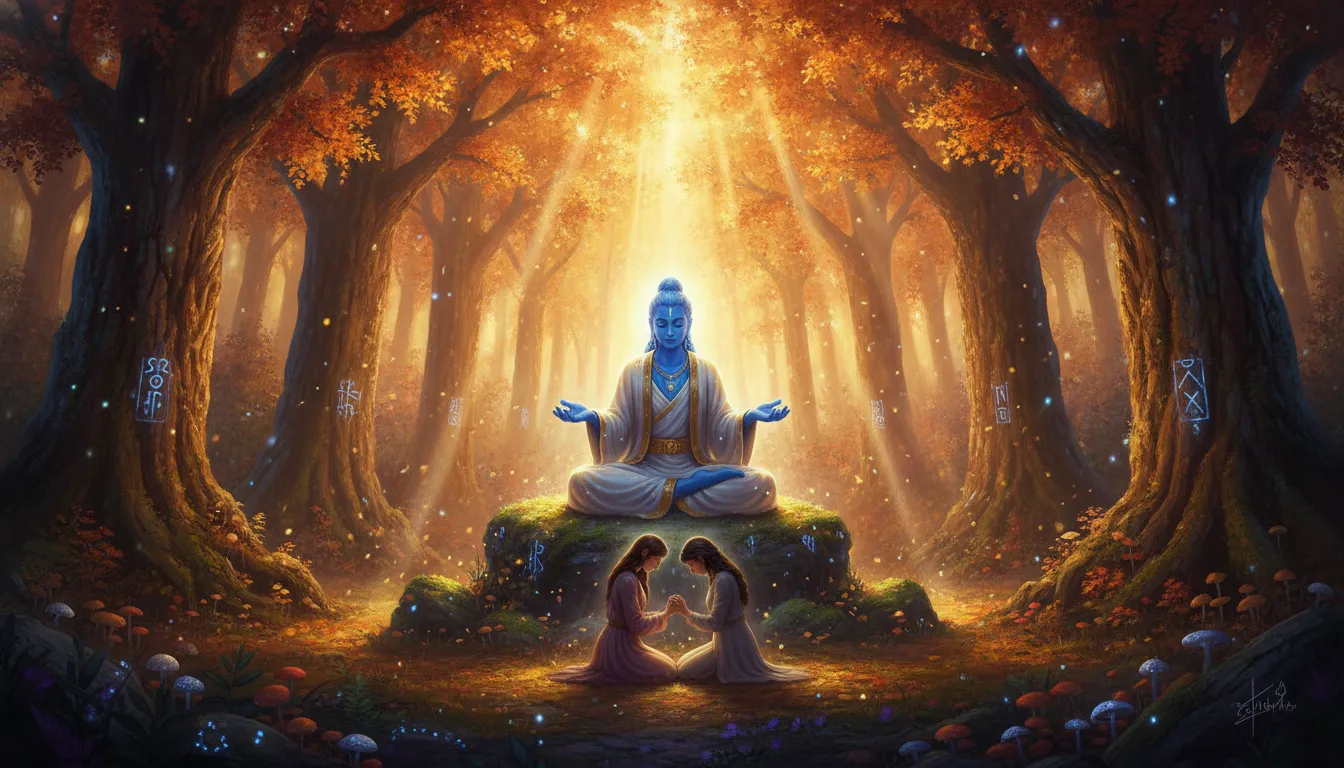 A blue-skinned divine deity embracing a serene woman under a canopy of glowing golden autumn trees.