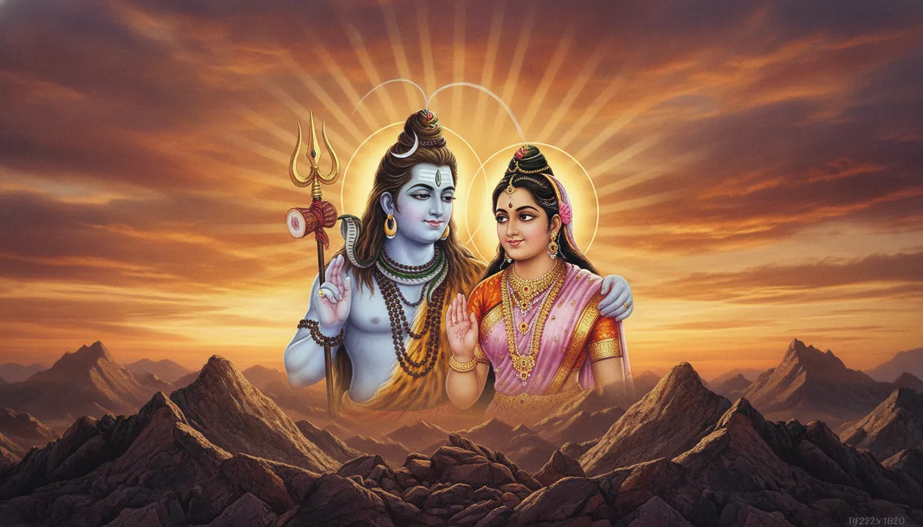Artistic depiction of Shiva and Parvati during sunset with a golden halo blending into the sky