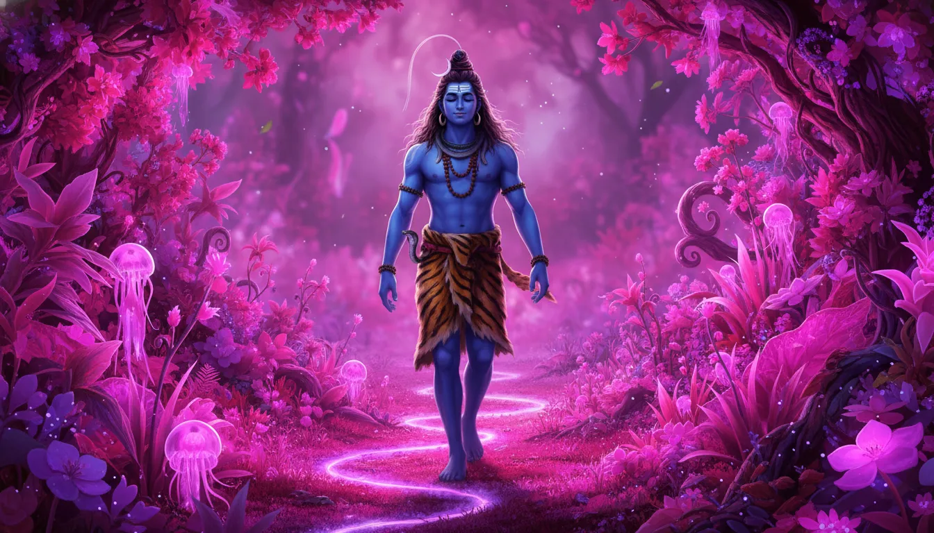 Lord Shiva walking through a dense forest dominated by rich neon magenta and violet trees.