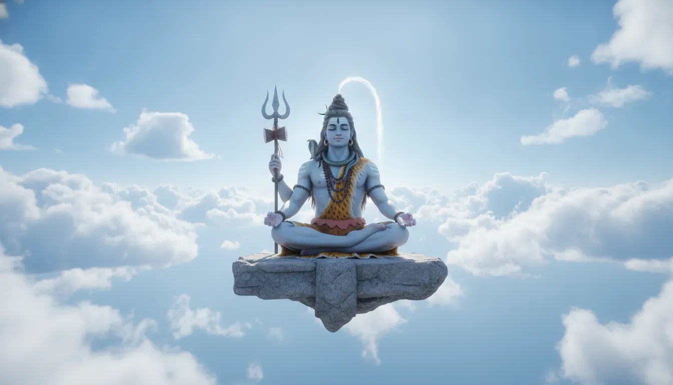 Lord Shiva sitting in deep meditation completely surrounded by endless soft clouds under a bright blue sky.