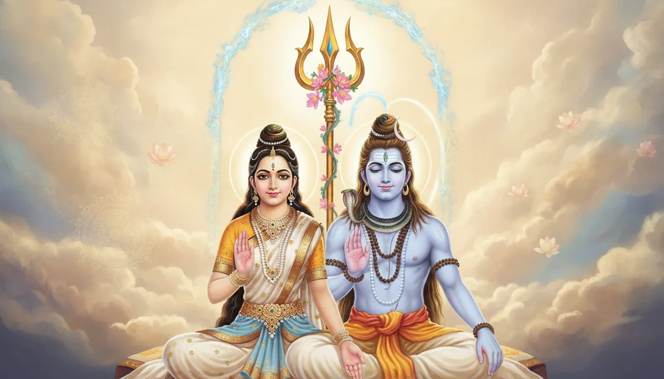 Soft glowing image of Lord Shiva and Goddess Parvati offering blessings with a trident in the background.