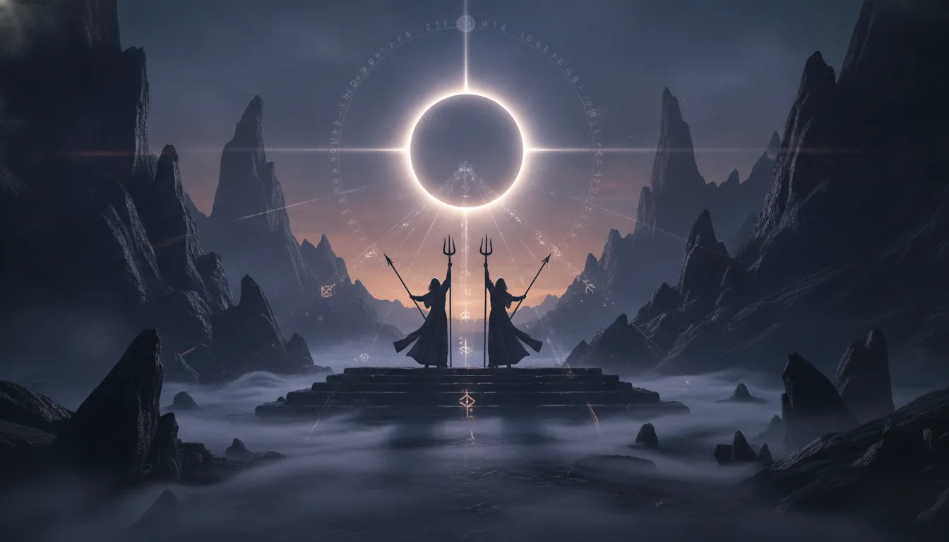 Two mystical figures raising tridents towards a glowing halo eclipse in a rocky valley.