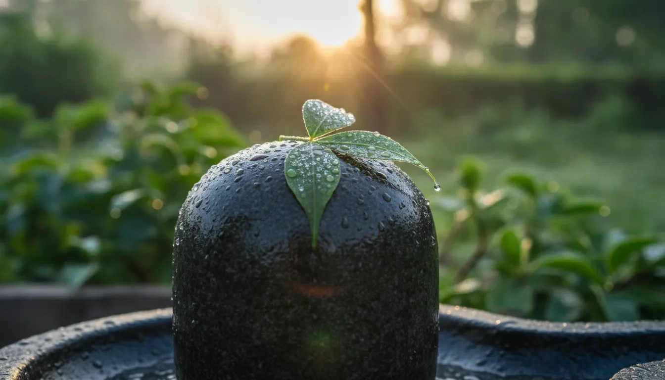 Close-up HD image of Lord Shivling with morning dew drops and beautiful sun flare