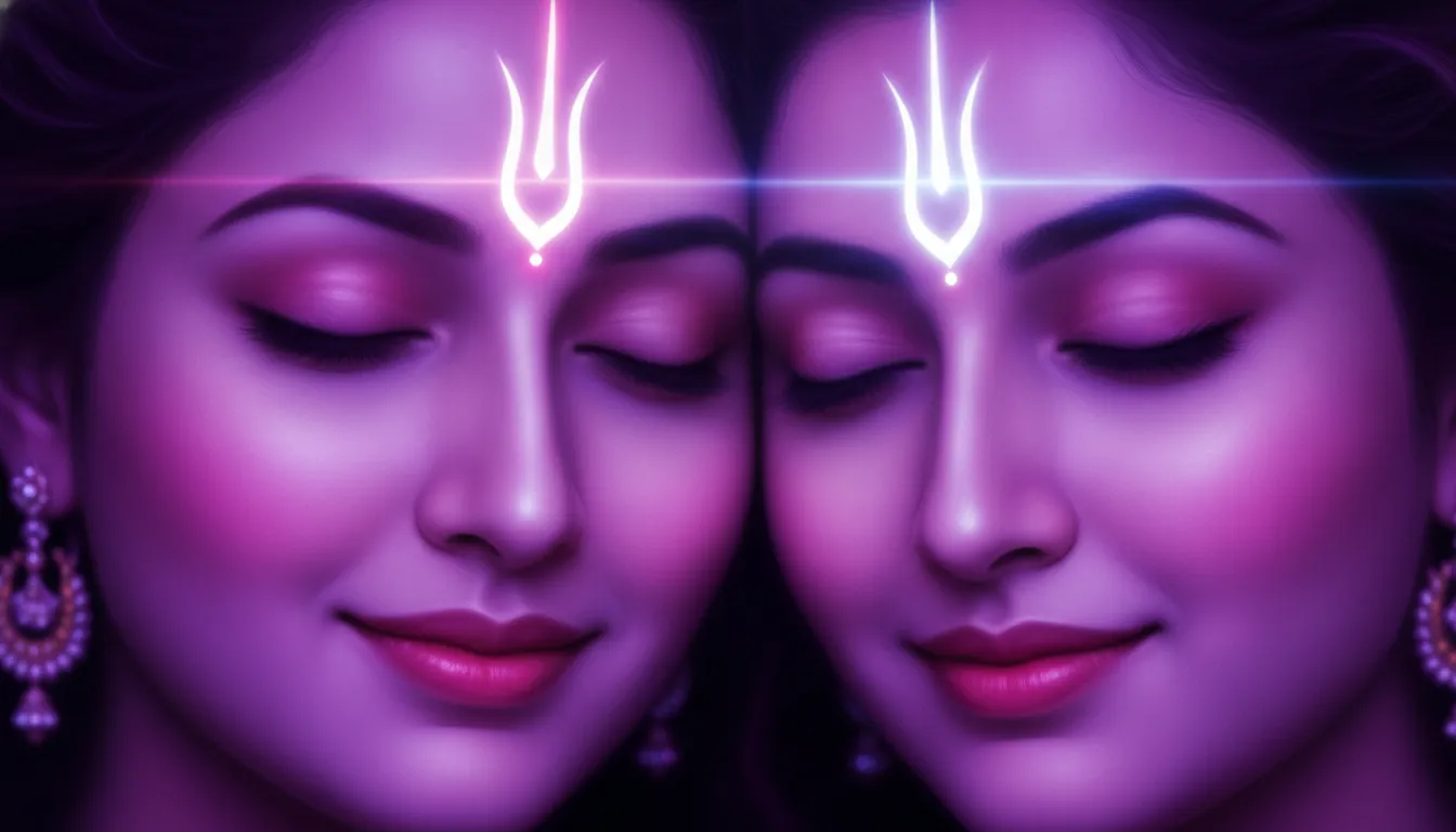 Close-up portrait of a divine couple with glowing neon pink and purple aura highlights.