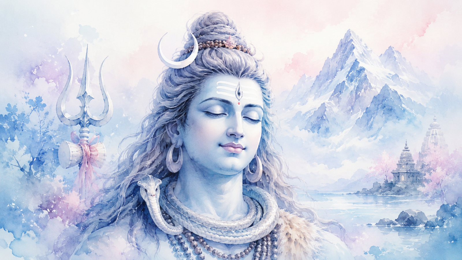 Soft ethereal watercolor painting of Lord Shiva Nataraja with pastel colors and divine light.
