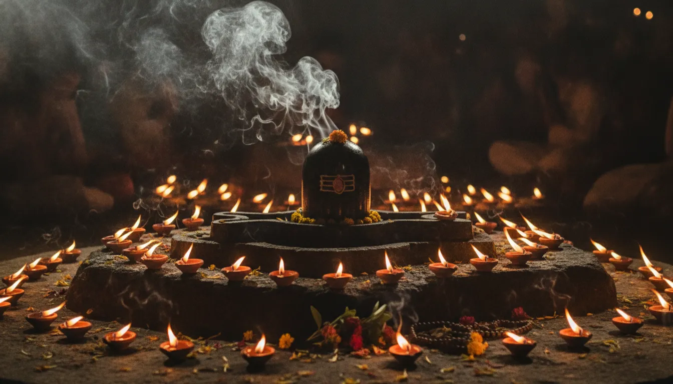 Beautiful evening arati black shivling hd images with diyas.