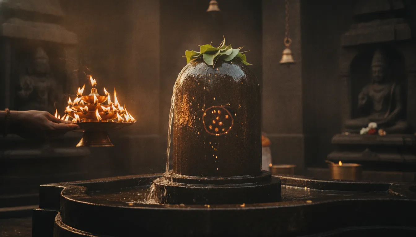Shivling illuminated by multiple burning brass oil lamps during evening aarti