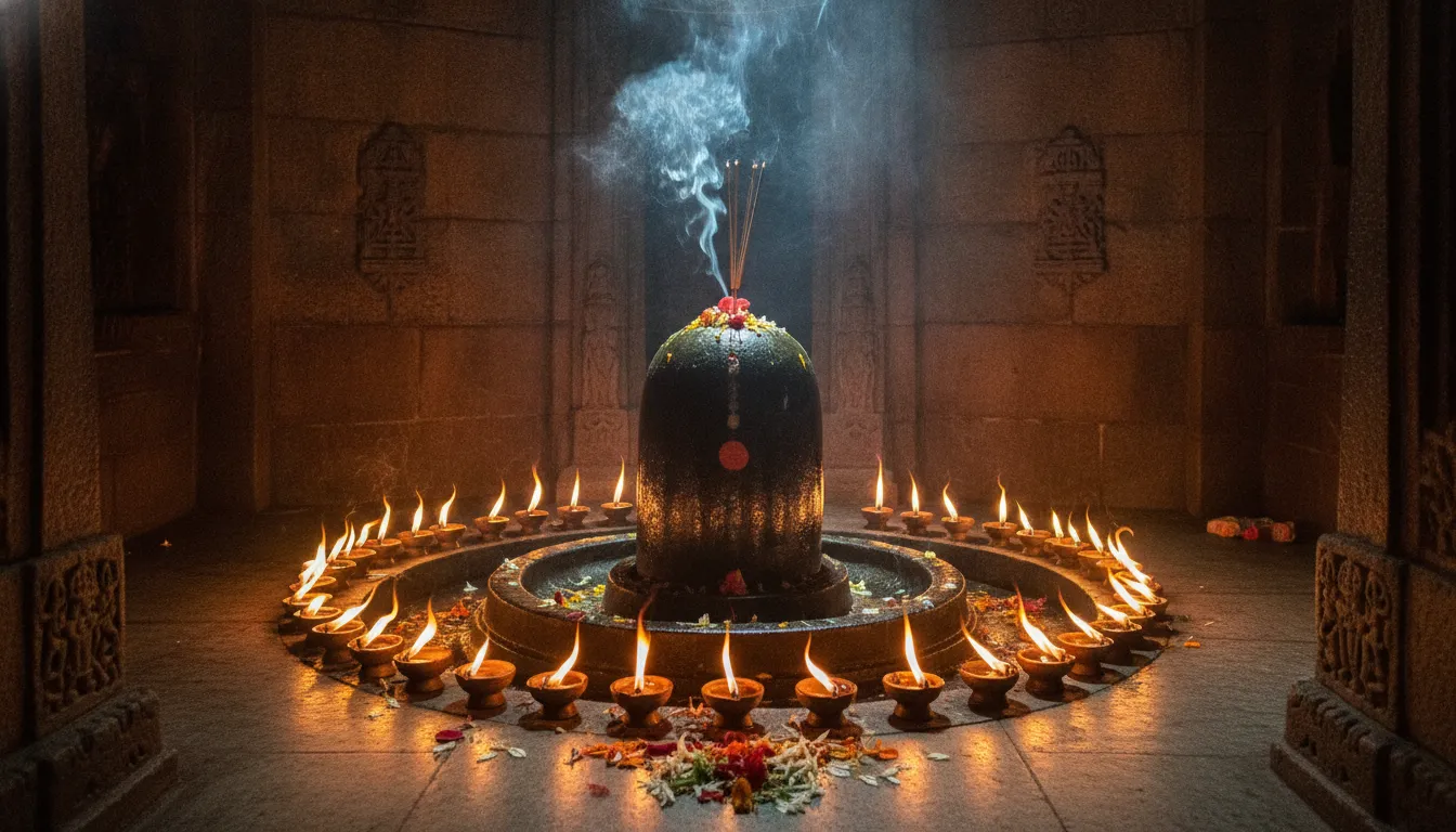 A dark temple inner sanctum with a Shivling illuminated by the warm orange flames of brass diya lamps.
