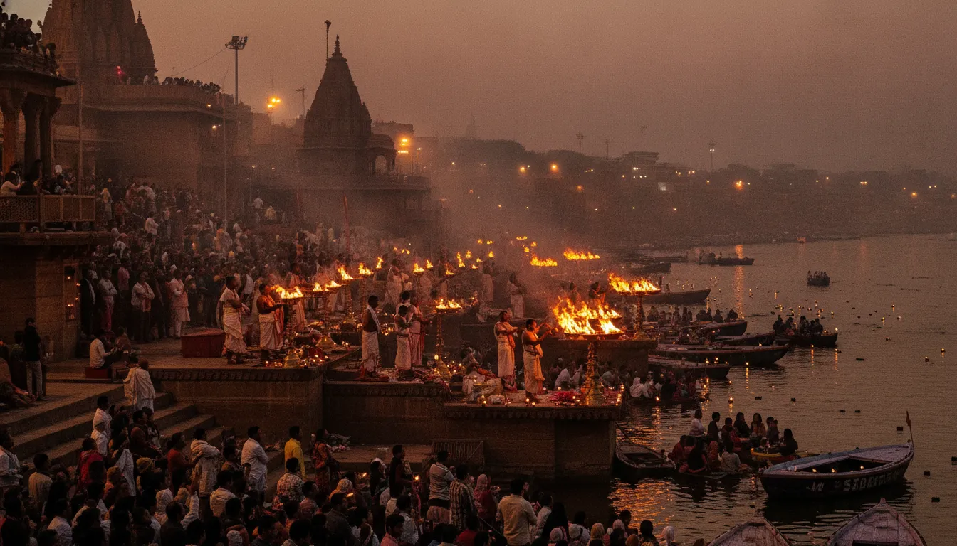 Devotees holding oil lamps during the sacred evening Aarti ceremony at Kashi Vishwanath Temple.