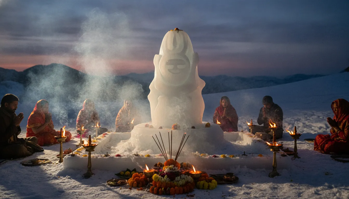 Famous white shivling of ice images during a spiritual evening ritual with warm light reflections.