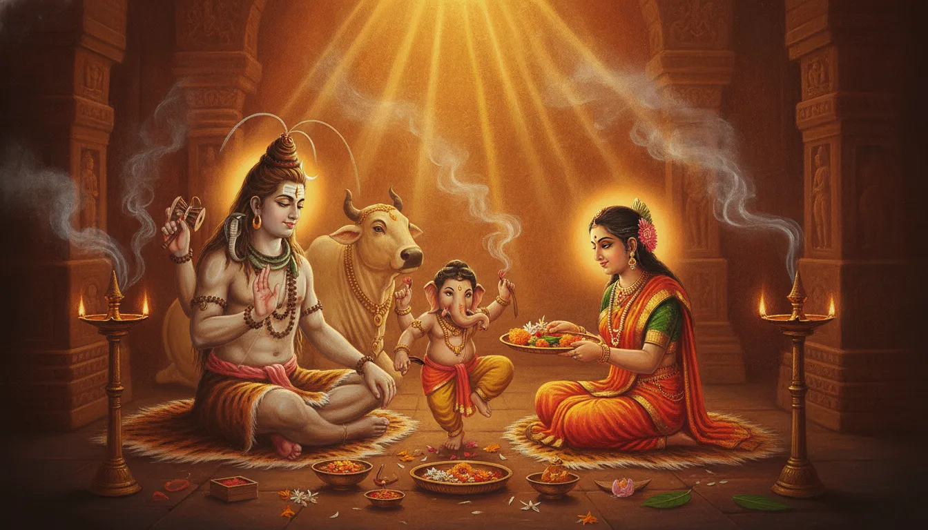 Shiva family surrounded by oil lamps and incense during a sacred evening prayer ritual.
