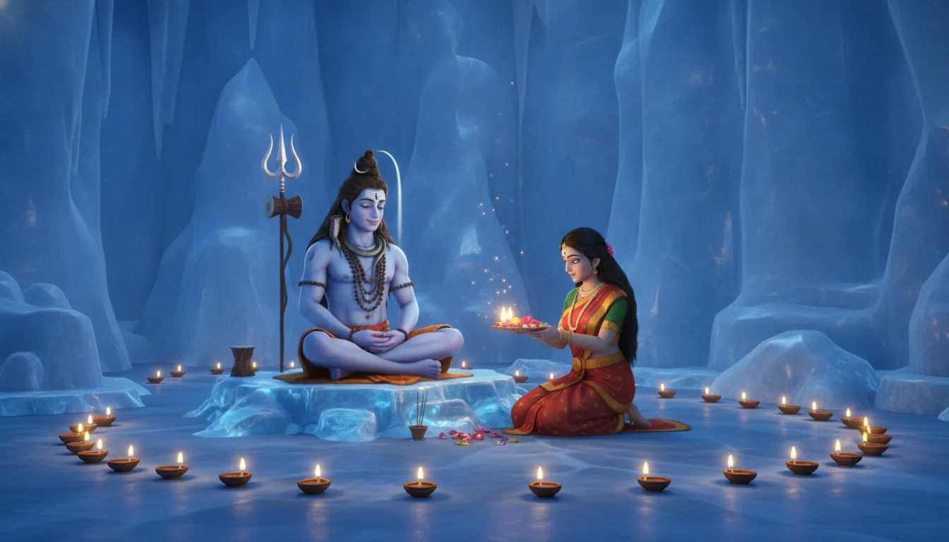 Cartoon style image of Shiva and Parvati performing a holy rituals inside a glowing blue cave.