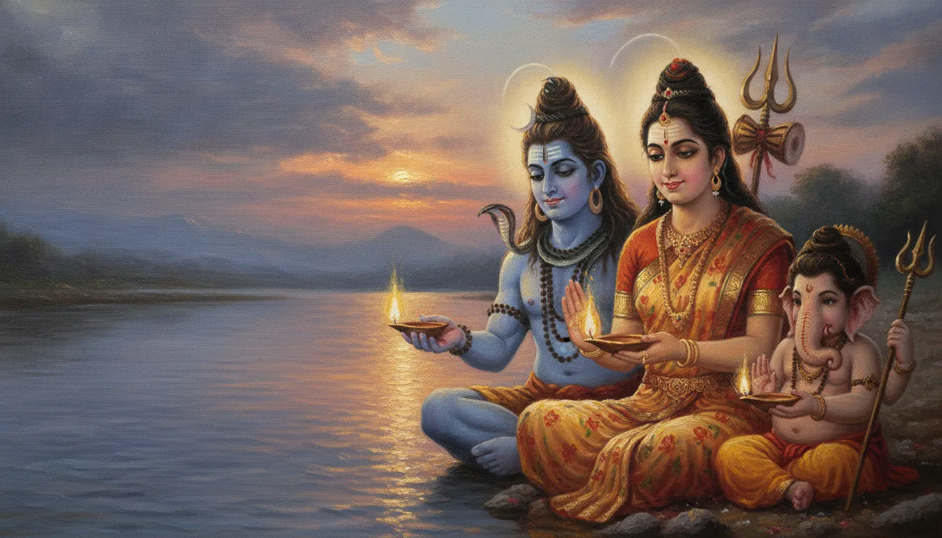 Devotional scene of Lord Shiva and his children holding traditional oil lamps during evening prayers.