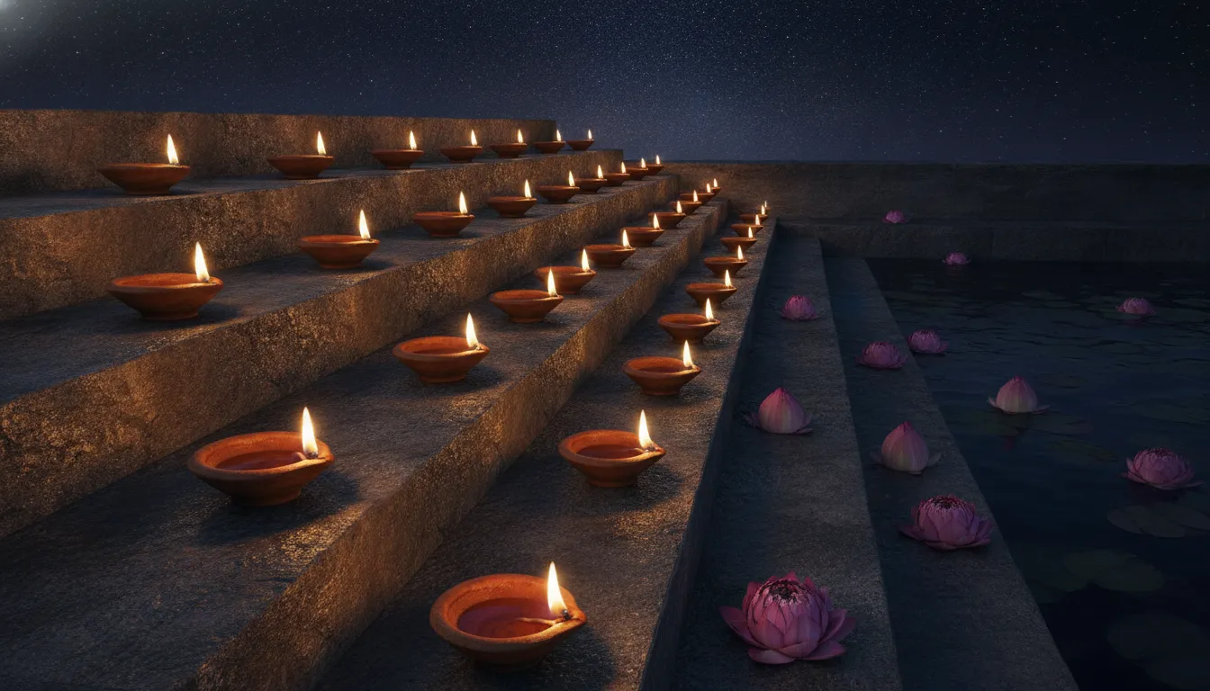 Spiritual illustration of glowing traditional clay oil lamps or diyas placed around floating lotus buds at night.