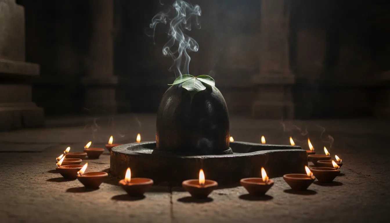 Atmospheric evening temple scene showing a glowing image of shivling with bilva patra surrounded by gentle incense smoke and oil lamps.