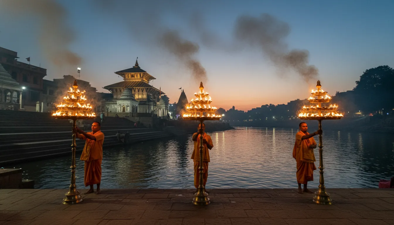 The spectacular evening Maha Aarti ritual performed by priests on the banks of the Bagmati River facing the Pashupatinath complex.