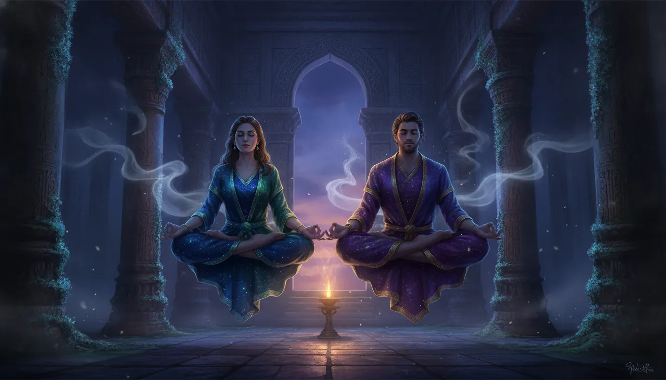 Meditative divine couple surrounded by soft incense smoke inside a dim ancient temple at twilight