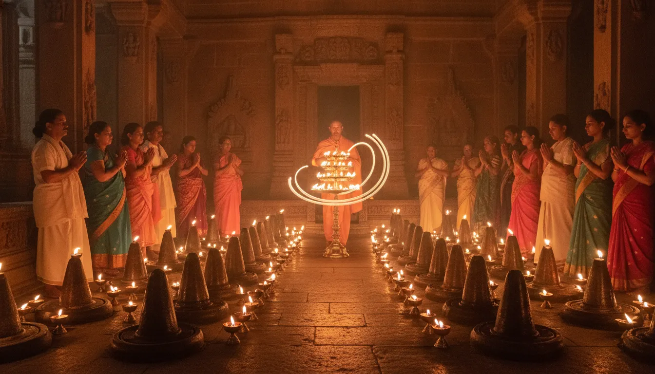 Devotees lighting brass oil lamps around the 108 Shivlings during evening Aarti at Omkareshwar temple.