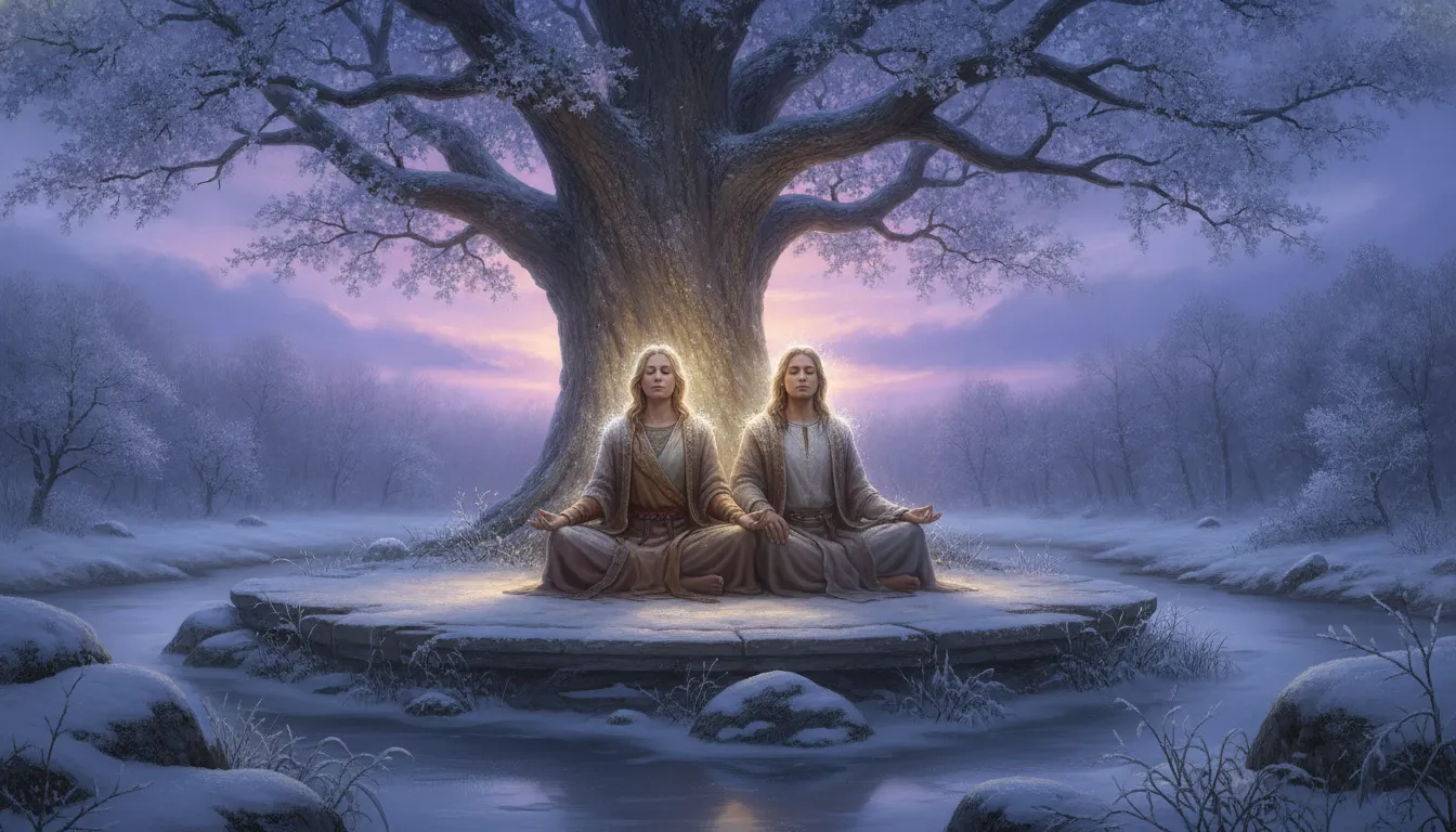 Divine couple sitting in a meditative posture on a stone platform under a snow-covered ancient tree at dusk.