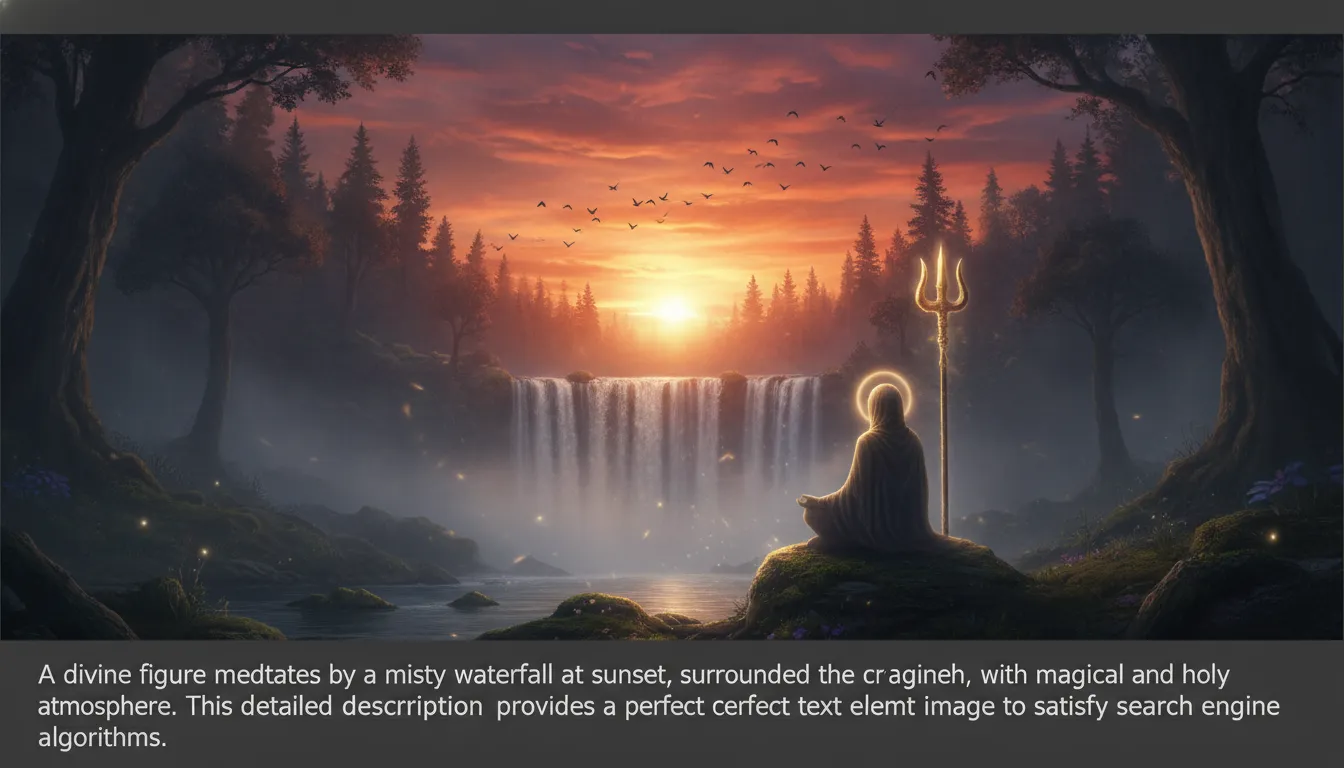 An evening scene of a divine figure in meditation near a scenic waterfall with birds flying.
