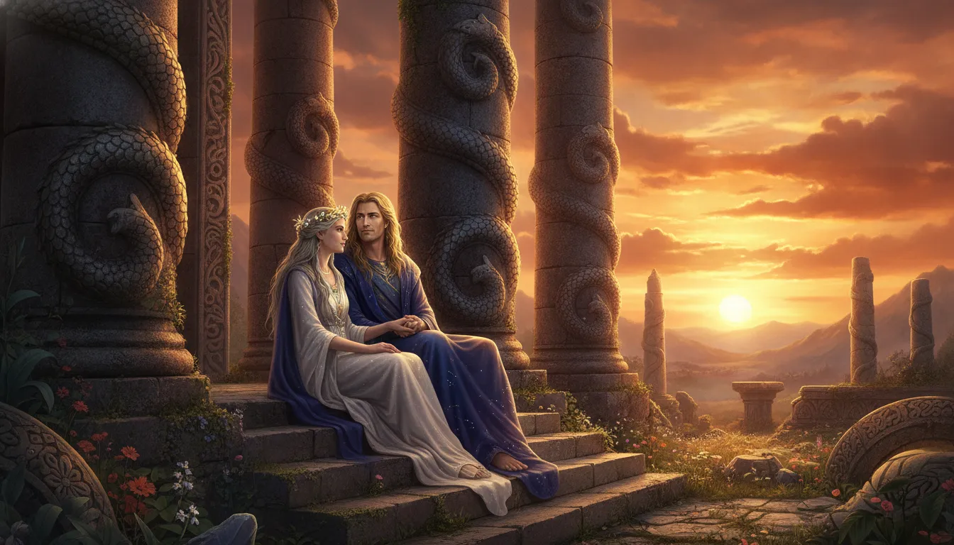 Deity and goddess sitting next to a temple structure with a serpent symbol under a dramatic orange sunset