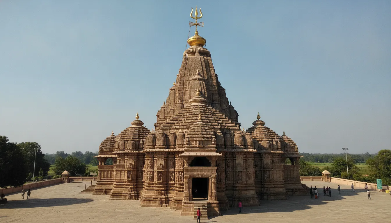 Majestic daytime exterior view of Singheshwar Mandir architecture featuring the central spire, golden Kalash, and a Trishul.
