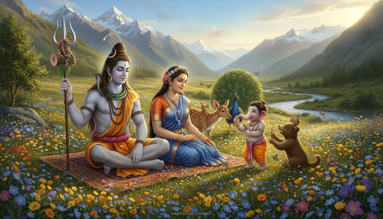 Shiva and Parvati smiling lovingly at a young Lord Ganesha playing in a Himalayan meadow.
