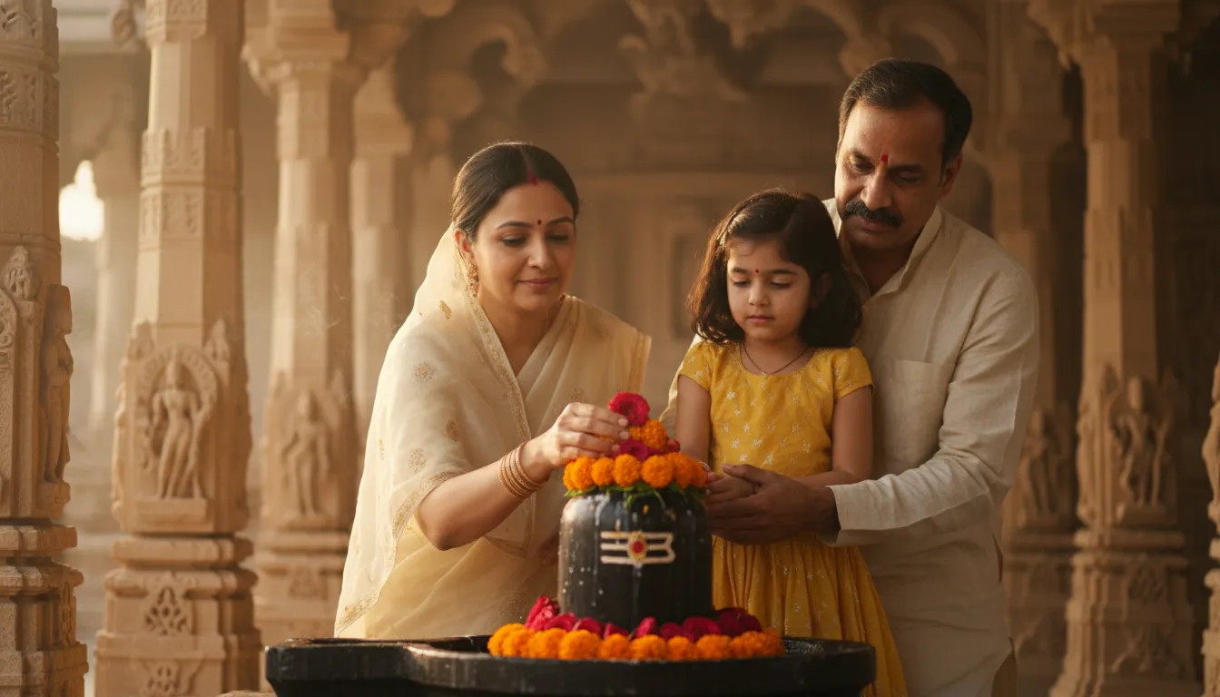 A family together giving flowers on the shivling, passing down rich spiritual traditions.