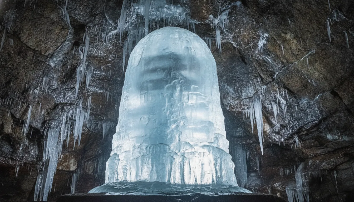 Famous white shivling of ice images showing the main structure alongside smaller accompanying ice stalagmites.