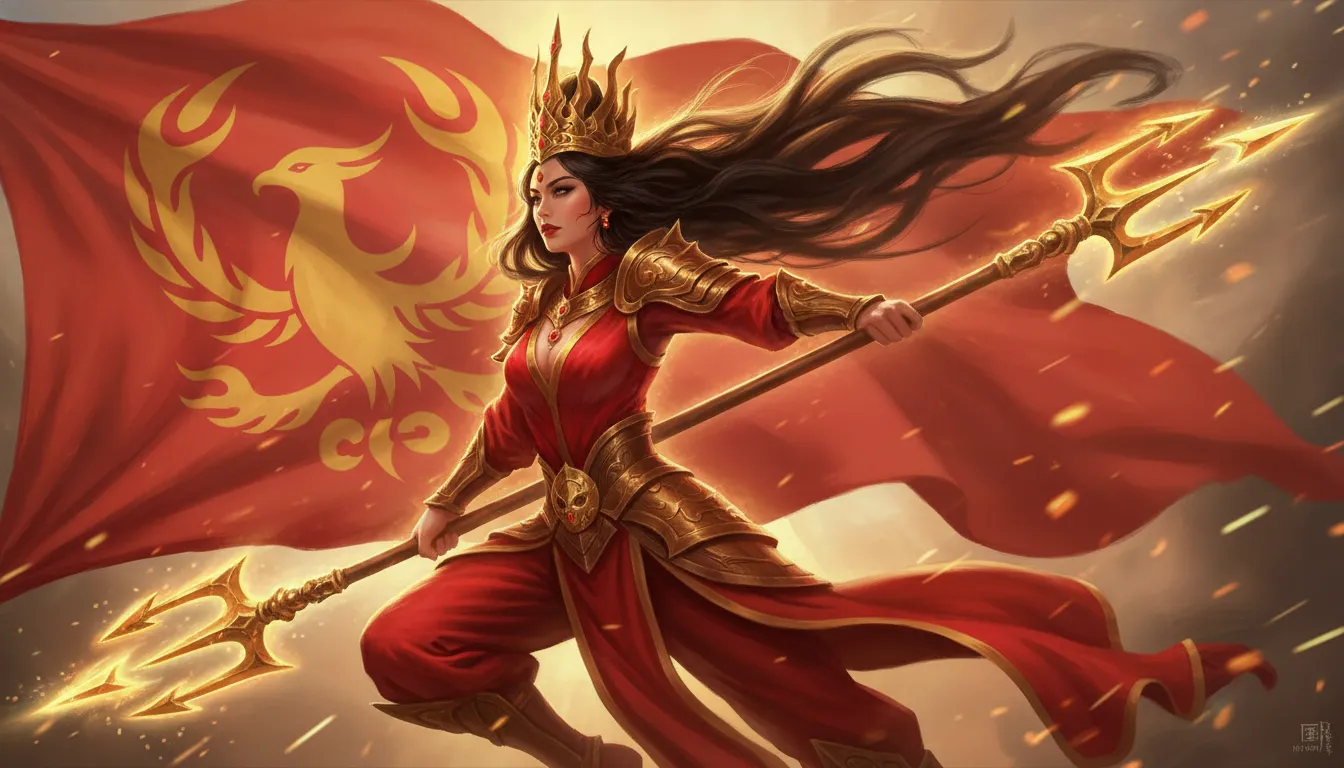 Fantasy digital illustration of a fierce goddess with a golden crown, trident, and red flag.