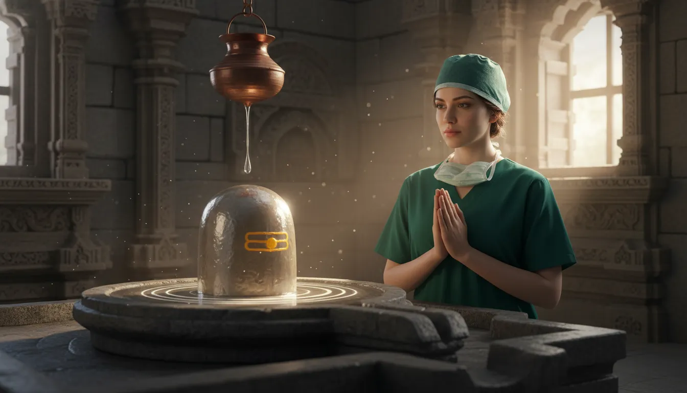 A female surgeon joining hands in front of a Shivling inside a serene temple complex before performing a surgery.