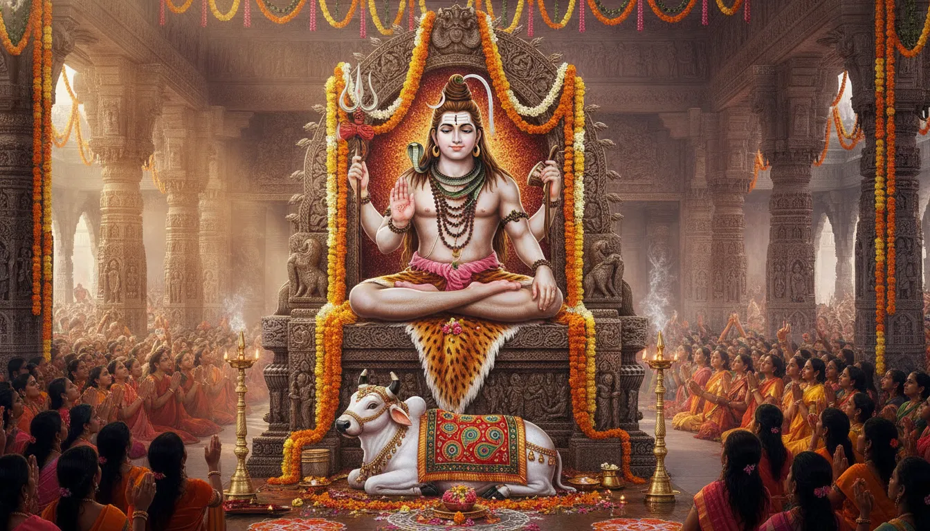 Lord Shiva on a highly decorated stone throne during a festival celebration with Nandi.