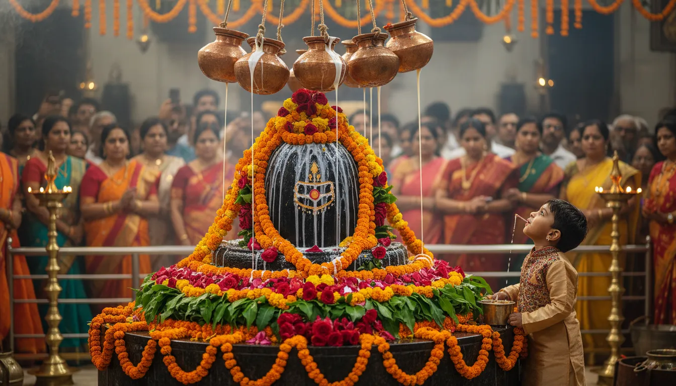 A festive close-up photo of a child drinking pure milk flowing from a Shivling decorated for the Mahashivratri festival.
