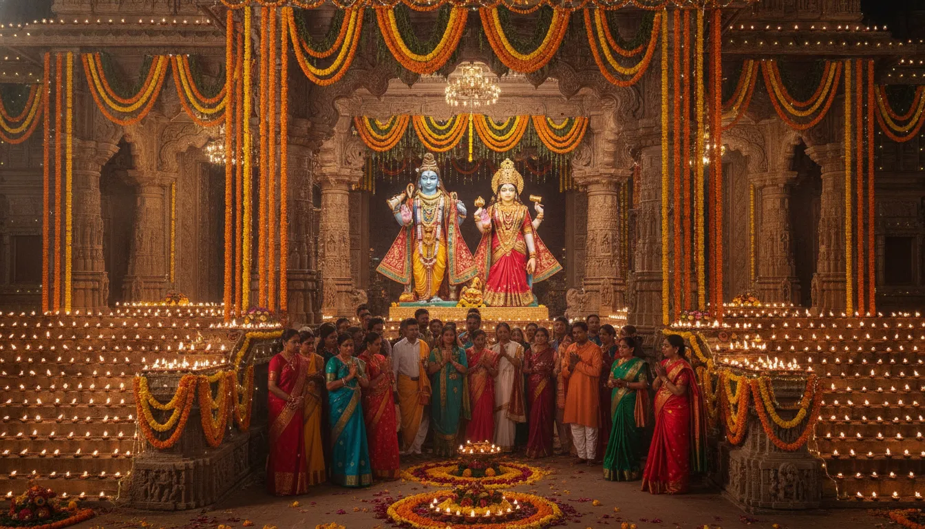 Shiva and Parvati standing at a temple entrance decorated with hundreds of diyas during a festival blessing crowds