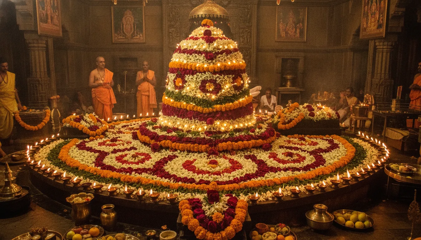 Colorful festive images of shivling in hd richly decorated with dense layers of white jasmine flowers, red roses, and glowing lamps for Maha Shivratri.