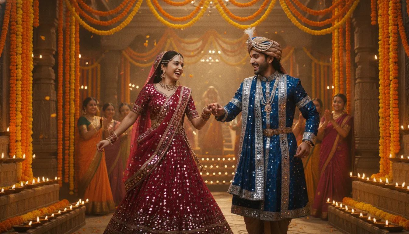 Divine couple celebrating a traditional festival surrounded by marigold flowers and oil lamps