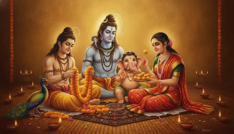 A cheerful painting of the Lord Shiva family celebrating a traditional festival with glowing oil lamps and flower garlands.