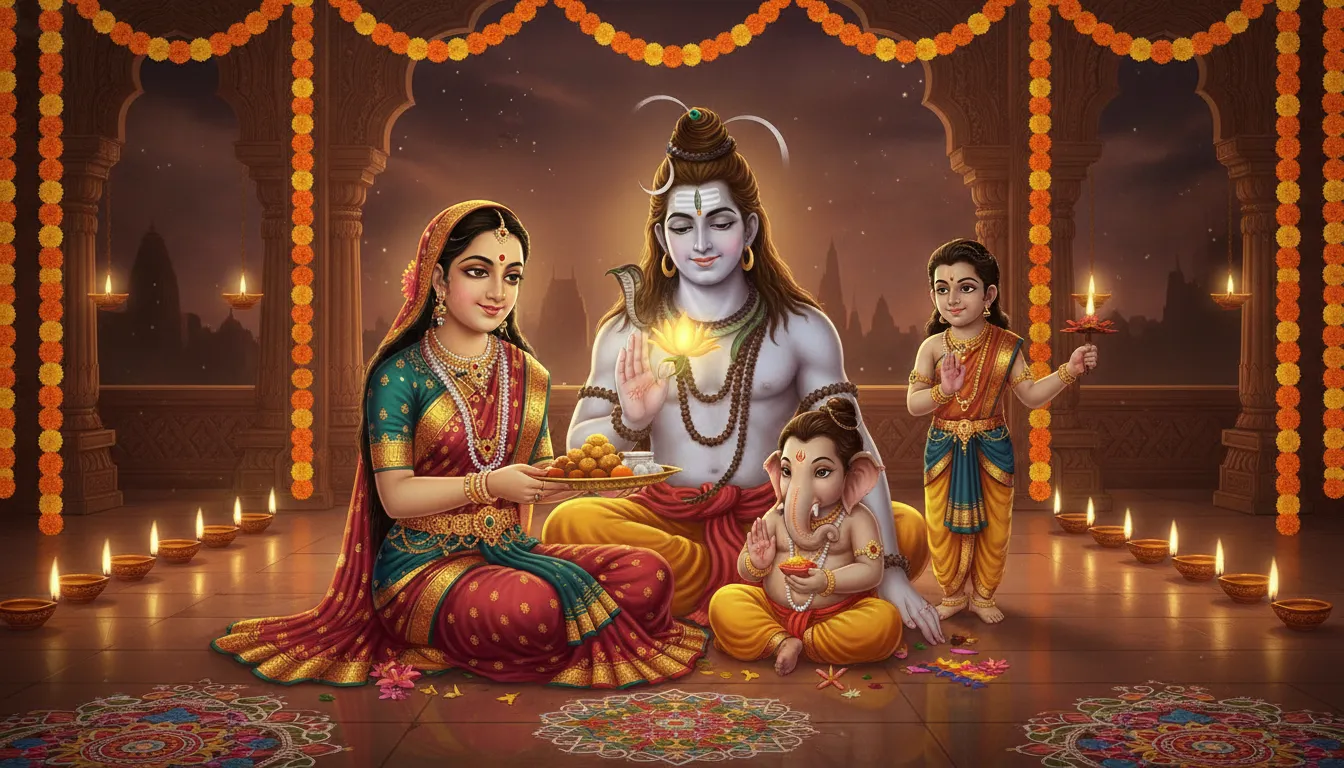 Shiva Parvati and Ganesha surrounded by beautiful festival lamps and flowers