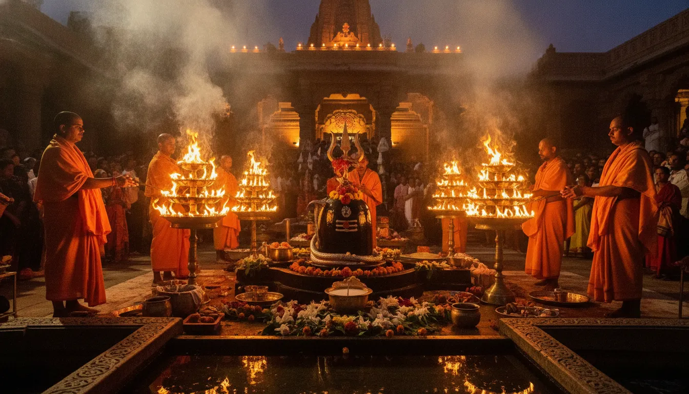 Shivling illuminated by the golden glow of multi-layered brass aarti lamps during evening prayers.